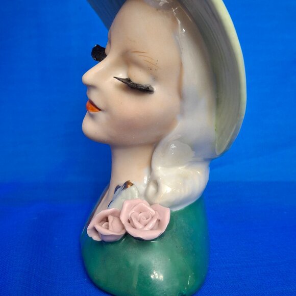 Vintage Ucagco Porcelain Green Hat Lady Head Vase - Picture 4 of 7